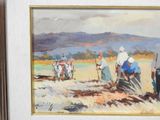 a painting of a group of people working in a field