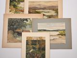 five watercolor paintings of a landscape and a river in the distance