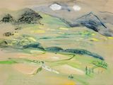 l'image d'un tableau représentant un paysage avec des montagnes en arrière-plan