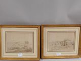 two framed prints of a landscape with a river and a village