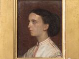 portrait of a woman in a white dress with a red stripe around her neck