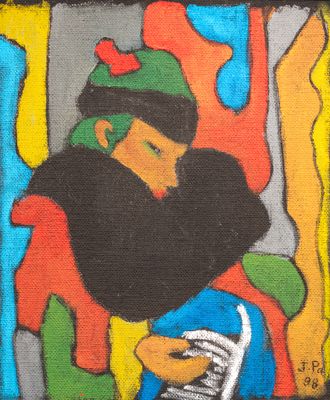 a painting of a man with a guitar in front of a painting