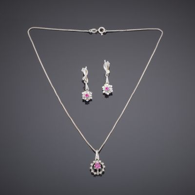 a necklace and earring set with pink sapphire and diamonds