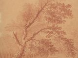 un vieux dessin représentant un arbre dans un champ, près d'un plan d'eau