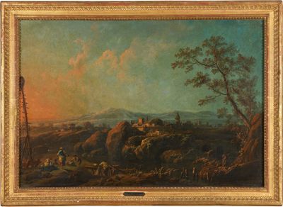 une image représentant un tableau représentant un paysage avec un homme à cheval