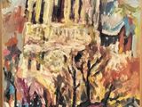 a painting of a painting of a building with people walking by it
