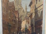 a painting of a city street with a church in the background
