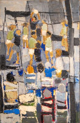 an oil painting of a group of people sitting on a bench