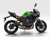 the motorcycle is green and black with a red stripe on it