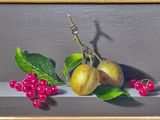 a painting of plums and cherries on a table
