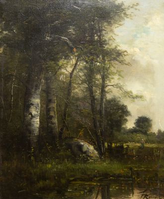 l'image d'une peinture représentant une rivière avec des arbres en arrière-plan