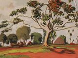 une peinture à l'huile représentant un arbre dans un champ avec une maison à l'arrière-plan