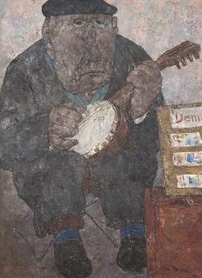 tableau représentant un homme jouant du banjo, assis devant une boîte