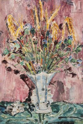 une peinture de fleurs dans un vase sur une table