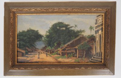 une peinture à l'huile représentant une scène de village avec un homme marchant dans la rue