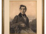 painting of a man in a suit and tie sitting on a rock