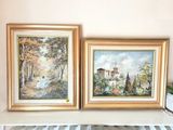 two paintings of a house and trees are hanging on a wall
