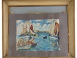 peinture représentant des bateaux sur l'eau, avec le ciel en arrière-plan