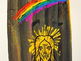 painting of a sun and a rainbow on a piece of wood
