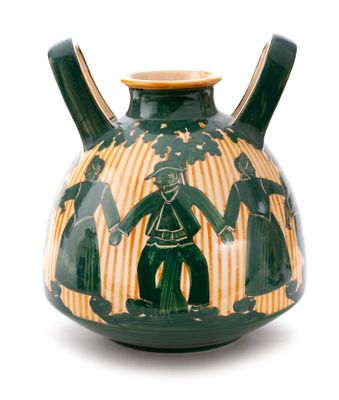 a green and yellow vase with a man and woman on it