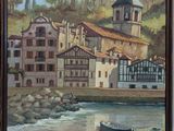 tableau représentant un village au bord de l'eau, avec un bateau au premier plan