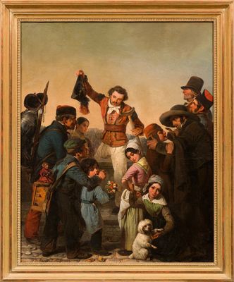 une image représentant un tableau où l'on voit un groupe de personnes debout autour d'un cheval