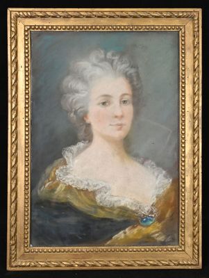 a painting of a woman in a blue dress with a gold frame
