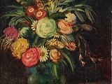 tableau représentant un vase de fleurs posé sur une table dans une pièce sombre