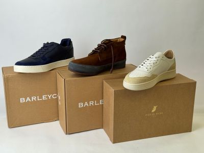 three pairs of shoes in boxes on a white background