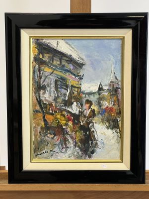 framed oil painting of a horse drawn carriage on a city street