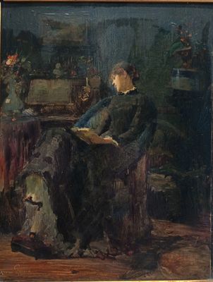 peinture d'une femme assise sur une chaise et lisant un livre