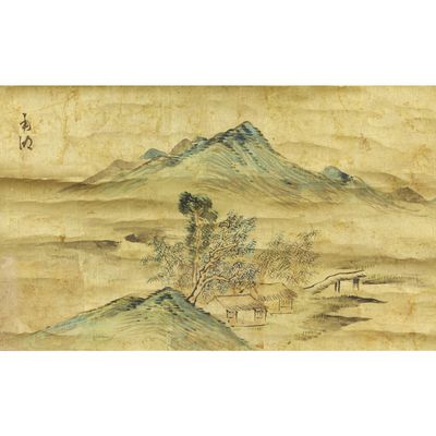 an image of a painting of a mountain with a tree in the foreground