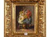 an oil painting of flowers in a gold vase on a table