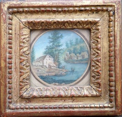 une vieille photo représentant un tableau où l'on voit un bateau sur une rivière