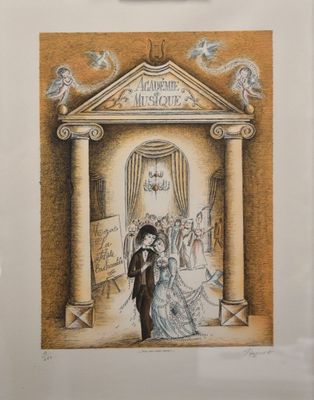 painting of a couple standing in front of a building with a clock on the wall
