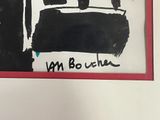 une photo représentant un dessin en noir et blanc dans un cadre rouge