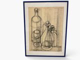 drawing of a still life with a bottle and a glass