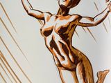 a drawing of a woman flying through the air with a tennis racket