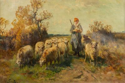 tableau représentant un homme avec un troupeau de moutons dans un champ