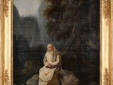 un vieux tableau représentant une femme assise sur un rocher dans un environnement boisé