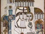 une image représentant un tableau où l'on voit un homme et une femme devant un bâtiment