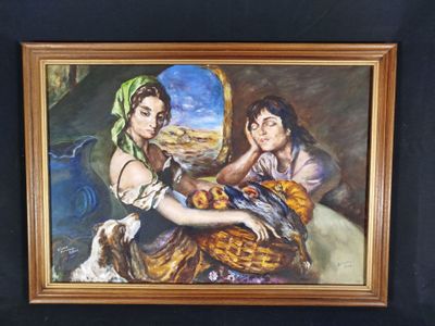 un tableau représentant deux femmes avec un panier de fruits