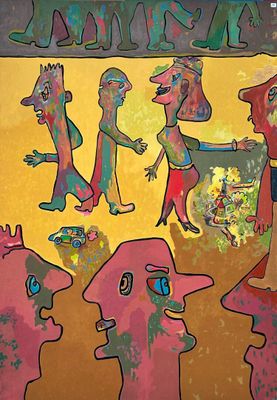 painting of a group of people standing in front of a yellow background