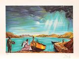 un tableau représentant un homme et une femme assis dans un bateau au bord de l'eau
