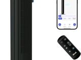 an image of a black tower air purifier next to a cell phone