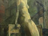 une peinture à l'huile représentant une femme assise sur un tabouret dans une pièce