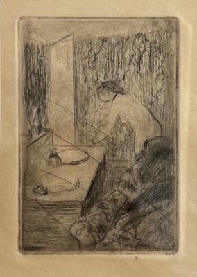 a drawing of a woman in a bathroom with a mirror