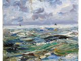 une peinture représentant une peinture d'un bateau dans l'océan