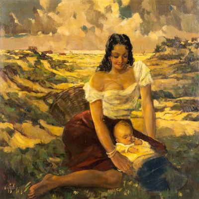 une peinture à l'huile représentant une femme tenant un bébé dans un champ