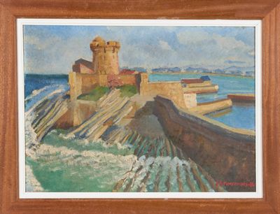 an image of a painting of a castle by the water